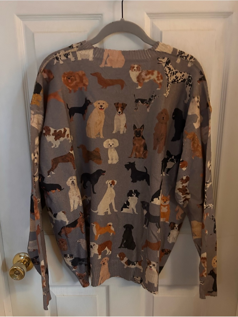 Dog Print Crewneck Sweater in Gray with Multicolor Puppies - Picture 3 of 4